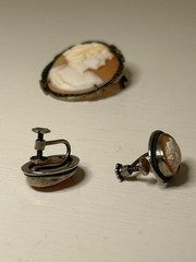 Mid-Century 800 Silver & Marcasite Shell Cameo Parure: Matching Brooch Earrings
