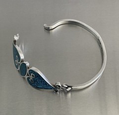Vintage Mexico 925 Sterling Turquoise Inlay Mosaic Tension Bangle Bracelet 7″