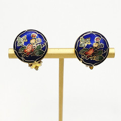 Cloisonné Small Butterfly & Flowers Round Blue Enamel Gold Tone Clip On Earrings
