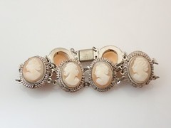 Antique GM Signed 800 Silver Carved Cameo Lady Link Bracelet & Earrings
