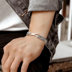 Retro Sterling Silver Feather Cuff Bangle Vintage Bracelet Leaf Women Gift xmas