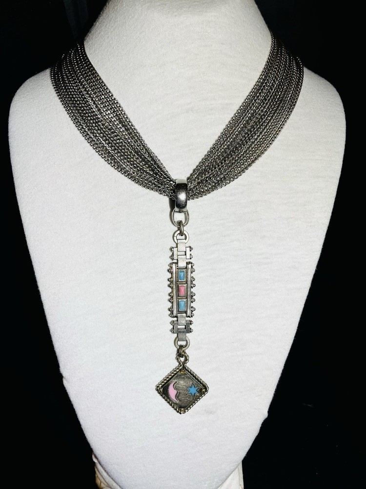 OOAK CHAINS NECKLACE W- Vintage WATCH FOB DROP Turquoise & Coral Inset Star Moon