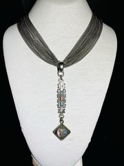 OOAK CHAINS NECKLACE W- Vintage WATCH FOB DROP Turquoise & Coral Inset Star Moon