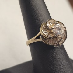 Vintage JAL CZ Crown Ring Size 8 Sterling Silver Gold Over Halo Statement Ring