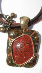 Chico’s Signed Vintage Pendant Necklace Red Enamel W Faux Gemstone Chips