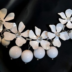 Vintage White Milk Glass Floral Necklace Enamel Cha Cha Rhinestone 16″-22.5″