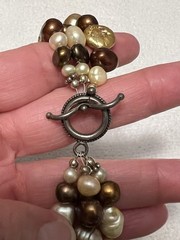 VINTAGE ESTATE 3 STRAND CHAMPAGNE BROWN GENUINE PEARL 6 BEAD NECKLACE STERLING