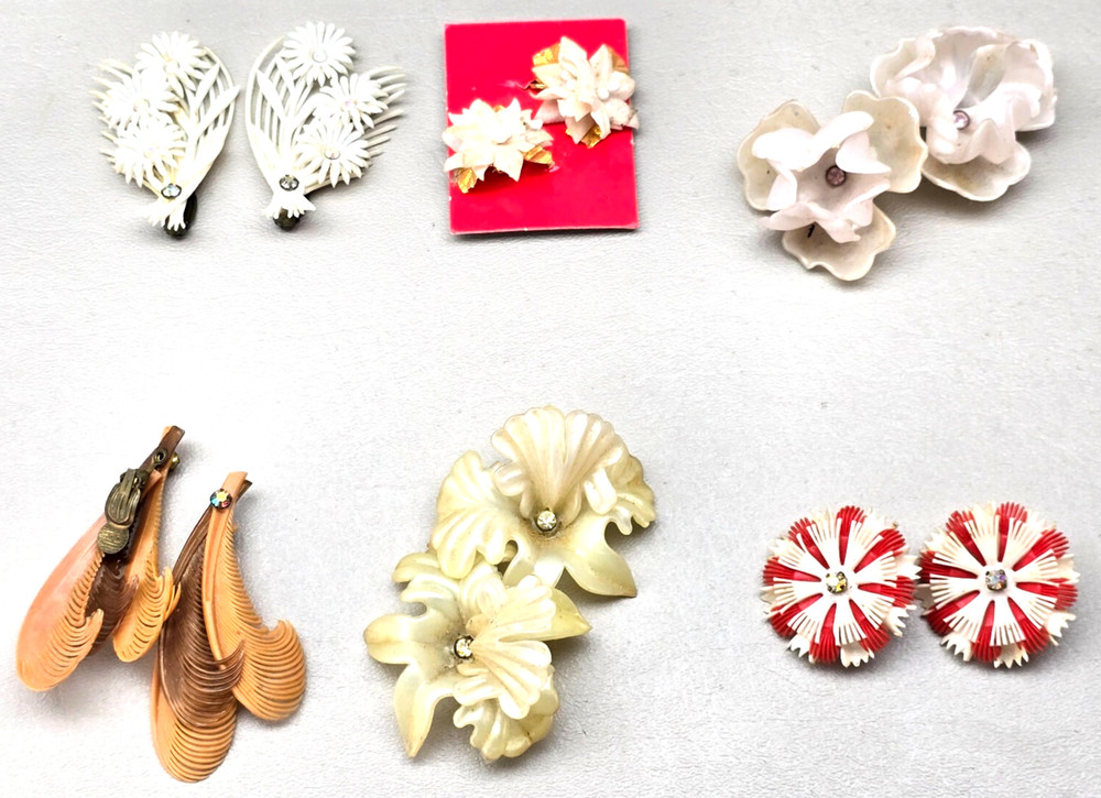 Vintage Earrings Lot West Germany Germany Plastic Clip On Floral Mid Century