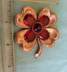 Sterling & Red Stones Four Heart Petals Flower Brooch Pin