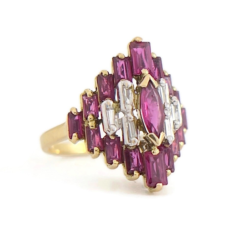 Vintage Tourmaline Diamond Pyramid Cocktail Ring 14K Yellow Gold, 4.21 Grams
