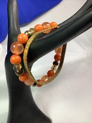 Lot 2 Expandable Coral Color Beads & Gold Tone Snakeskin Weave Bracelet L36