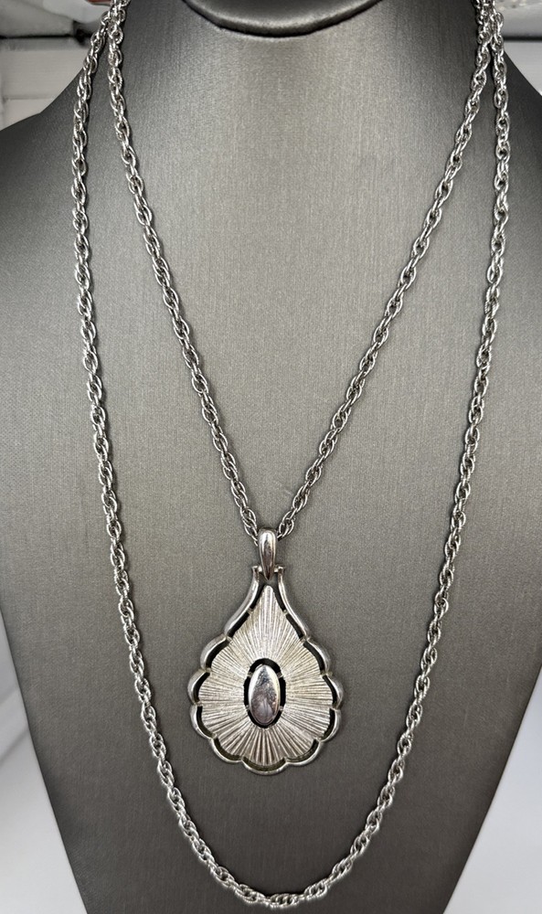 Crown Trifari© Textured Pendant Double Chain 1955-1969 Signed Silver Tone 18”