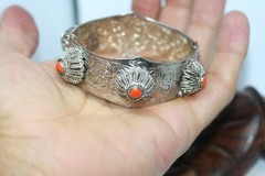 Vintage Silver Alloy Metal Ladies Jasper Bangle 20MM Wide Bracelet 7″ Heavy 64Gr