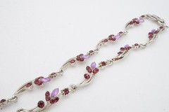 Vintage Necklace Silver Tone Purple Rhinestone Flower Ivy 15″
