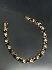 Gold Tone Black / Clear Crystal Rhinestone Prongs Fashion Tennis Bracelet 7”