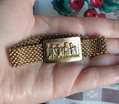 Antique *Damaged* Brass Mesh Link Bracelet Rectangle Clasp People Scene 7″