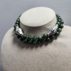 Green Nephrite Jade Beaded Necklace Floral Cloisonne Enamel Accents 26in