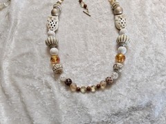Vintage Long Graduated Topaz Cream Acrylic Porcelain Owl Beaded Necklace 26in