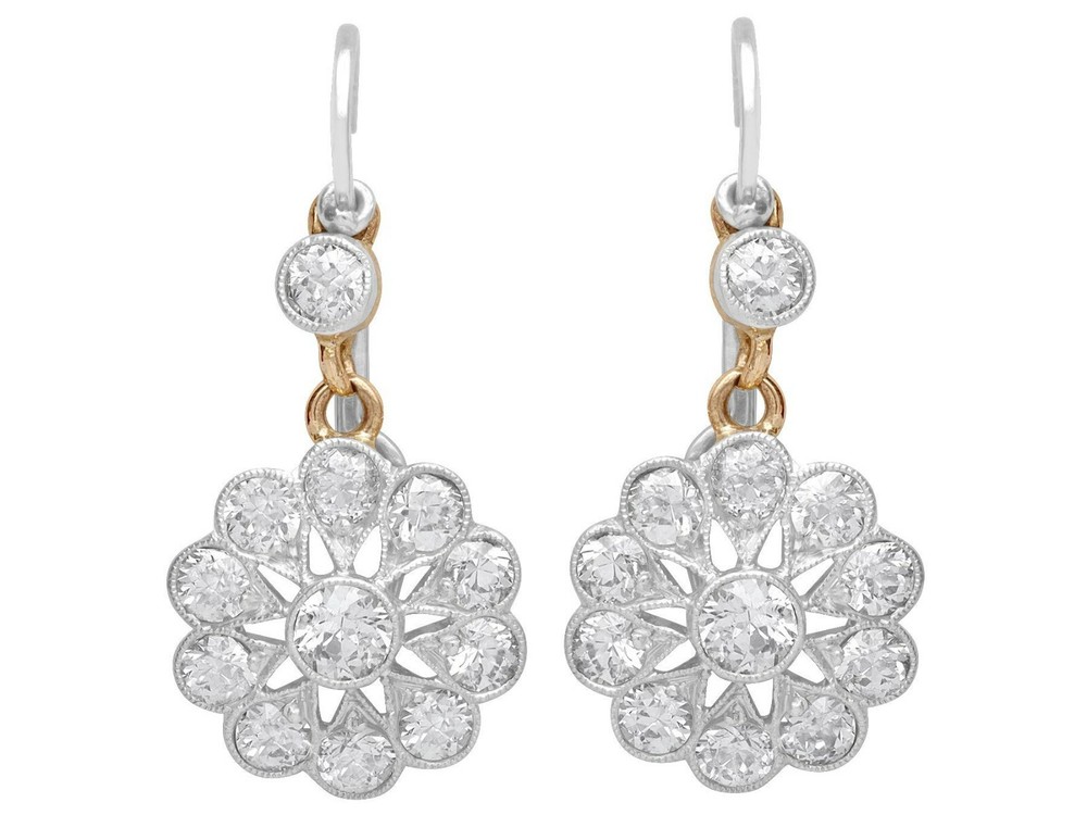 Antique 2.46ct Diamond and 15k Yellow Gold Cluster Earrings Circa 1920