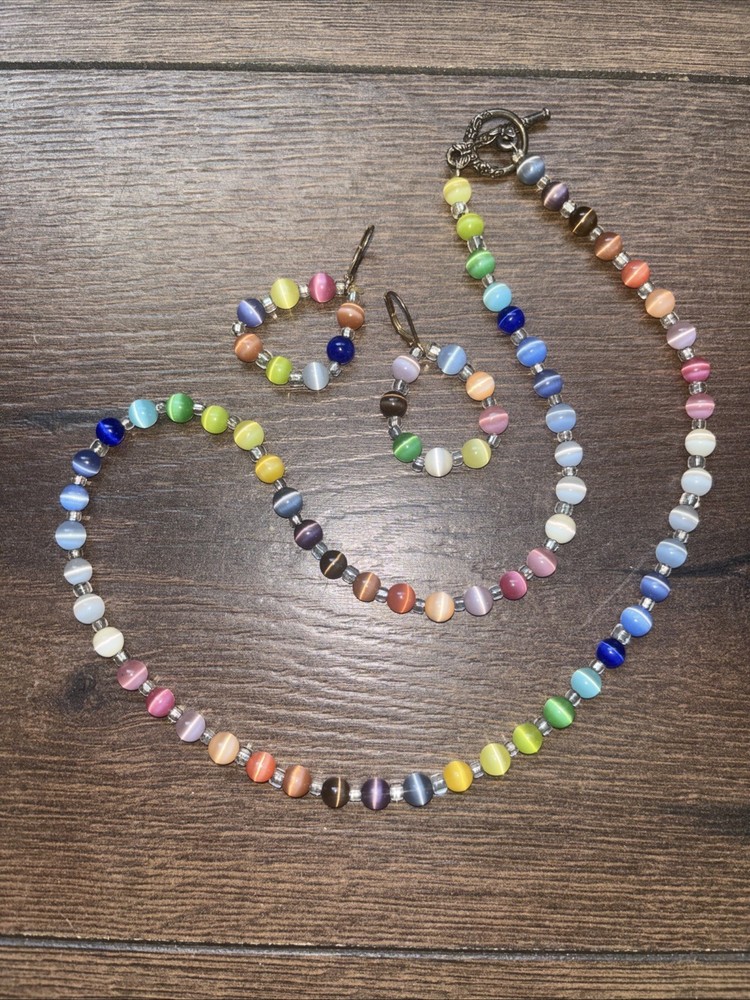 Vintage Retro Cat Eye Set Beaded Necklace And Earrings Multicolor