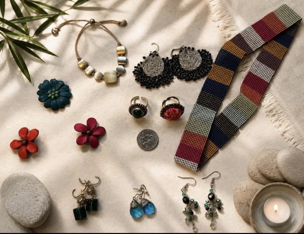 Bohemian Jewelry and Accessory Lot – Earrings, Rings, Brooches, and Bracelet