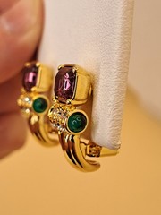 VTG Nolan Miller Clip On Earrings Gold Tone Purple Green Retro Glam Dynasty