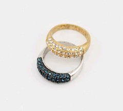 Vtg Ring Set 2pc Sz 7 Teal Clear Cubic Zirconia Stackable 2-tone 18KGE Jewelry 1