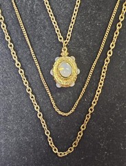 Vtg Goldtone 3 strands Link Chain Choker Necklace w/ Moonstone 28in-S91-READ