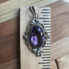 Antique Art Nouveau Pendant 2 Inch Roses Purple Faceted Mn Glass Glows Gold Fill