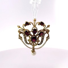 Antique 14k Stamped Yellow Gold Garnet & Pearl Brooch Pin