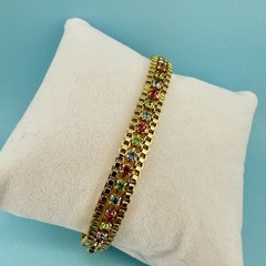 Vintage Rhinestone Bracelet Gold Tone Cup Chain Pastel Color Prong Set Stones 7″