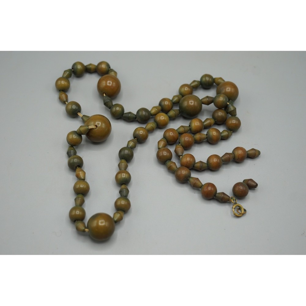 Vintage Early Plastic Beaded Necklace Green Brown Graduated 24 Inch Broken Clasp