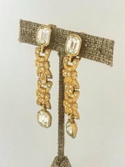Vintage Long Dangle Rhinestone Clip On Earrings Gold Tone Runway Statement
