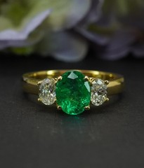 Hammerman Brothers Vintage Emerald Oval Diamond 3 Stone Ring 18K Gold
