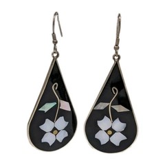 Vintage Alpaca Mexico black earrings with mother of pearl and abalone flower