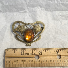 Antique Art Nouveau Pressed Metal Brooch Facetted Cabachon Floral Heart Shape