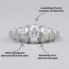 14K White Gold .69ct Marquise & Baguette Natural Diamond Ring Size 6 5g Vintage