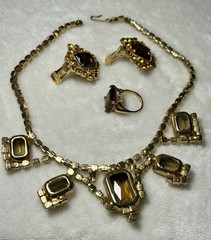 Vtg 1950s Topaz Rhinestone Choker Necklace Earring Ring Parure Set Unsigned D&E