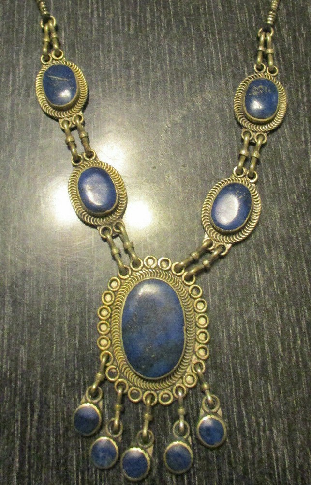 Lapis Silver Afghan Necklace Tribal Ethnic Pendant Dangle Necklace Boho Handmade