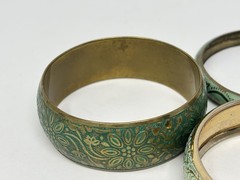 Boho Vintage Style Teal Green Embossed Brass Bangle Bracelet Mixed Set (3) Stack