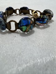 Vintage Glass Cabochon Brass Bracelet Multi Color Rainbow Unique Colorful
