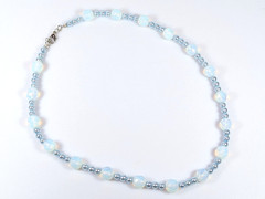 Vtg Opalite Opal Moonstone Glass Opalescent Blue Faux Pearl Bead Necklace