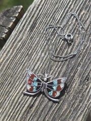 Vintage Butterfly Crushed Turquoise & Coral Necklace Silver Tone Alpaca Choker