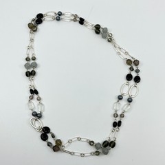 Vintage Silver Tone Long Station Necklace Mixed Glass & Smoky Stone Beads