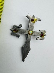 Gallo Pewter Cross Pendant 2 Inch Red & Clear Rhinestones Vintage