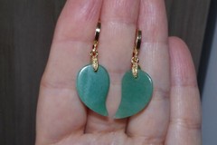 Vintage Genuine 14K GF Green Jadeite Jade Carved Leaf Hoop Earrings