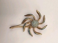 Vintage Signed Les Bernard Inc Blue/Green Crystal Movable Petal Flower Brooch
