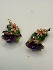 Vintage Austria Crystal Brooch and Earring Set 1950s Gold Tone Enamel Floral
