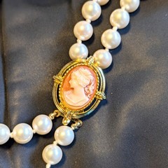 Vintage ERWIN PEARL Double Strand Glass Pearl Necklace Cameo Clasp Opera 23″