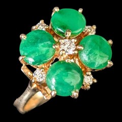Vintage Diamond Jade Flower Cocktail Ring 14k Yellow Gold Retro Estate Gift